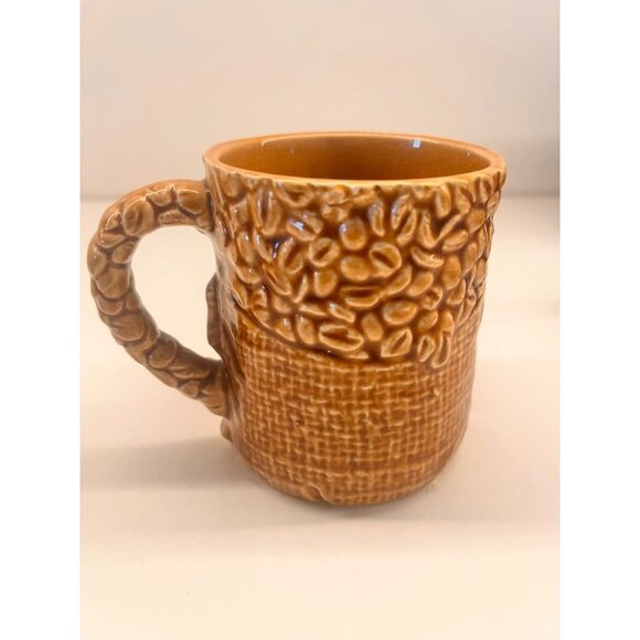 Set of 2 Vintage MCM Japan Brown Coffee Bean Burlap Sack Coffee Mugs Japan - Picture 3 of 5